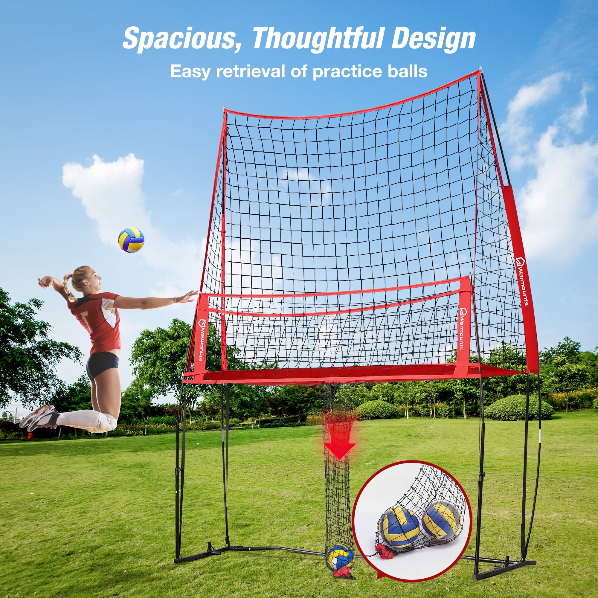 WARMOUNTS 11*8 ft Volleyball Net w/ Ball Return Collection, 2 in 1 Volleyball Training Equipment Adjustable Height, Volleyball Net for Backyard Hitting Serving Passing