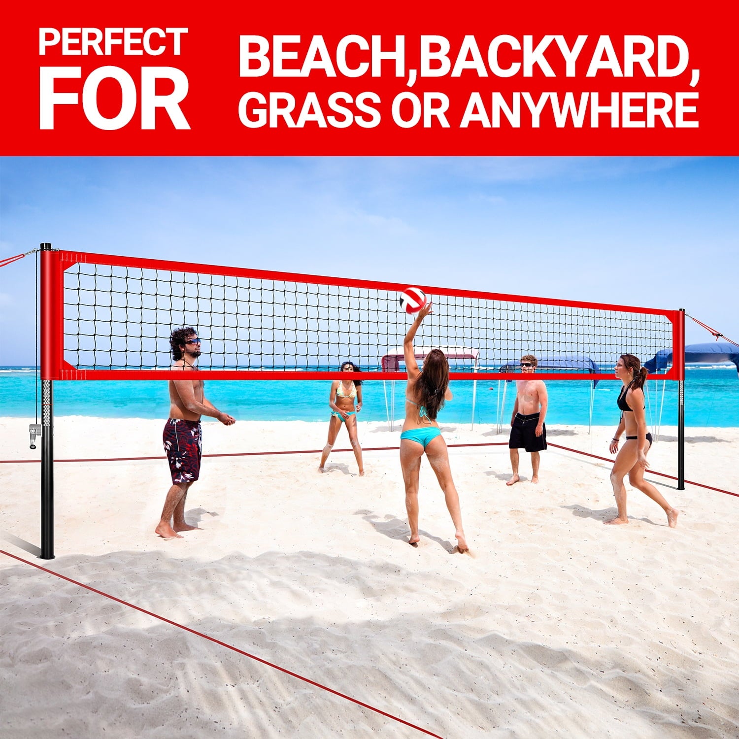 CureCalor Outdoor Professional Volleyball Net Set System, 32* 8 Feets, 3 Height Adjustable, Red