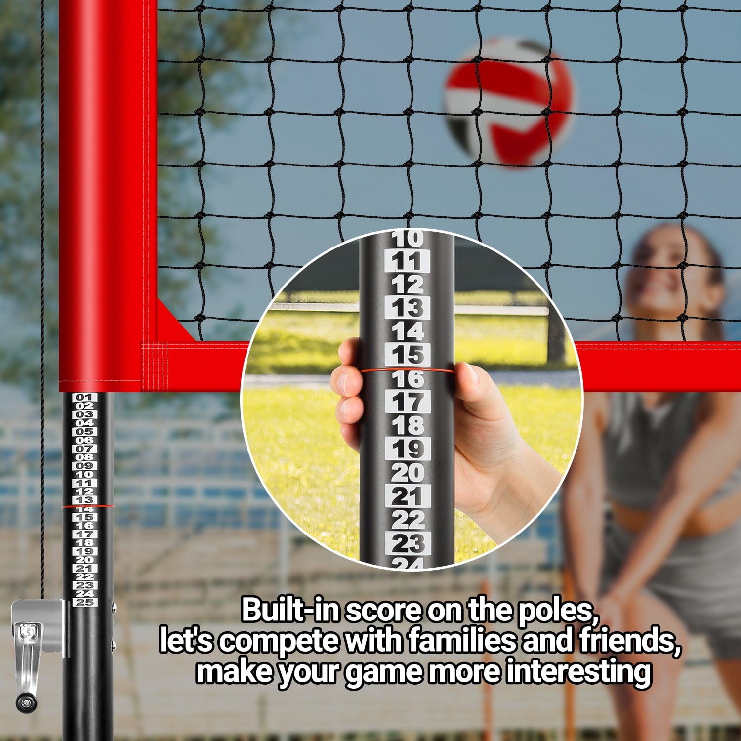 CureCalor Outdoor Professional Volleyball Net Set System, 32* 8 Feets, 3 Height Adjustable, Red