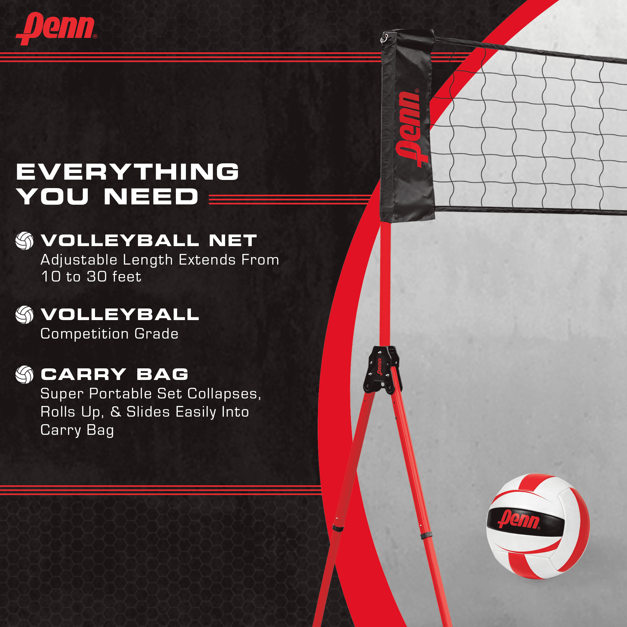 Penn Easy Fit Premium Volleyball Set, Includes Adjustable Net and Ball - Extends from 10 ft. to 30 ft. to fit your yard