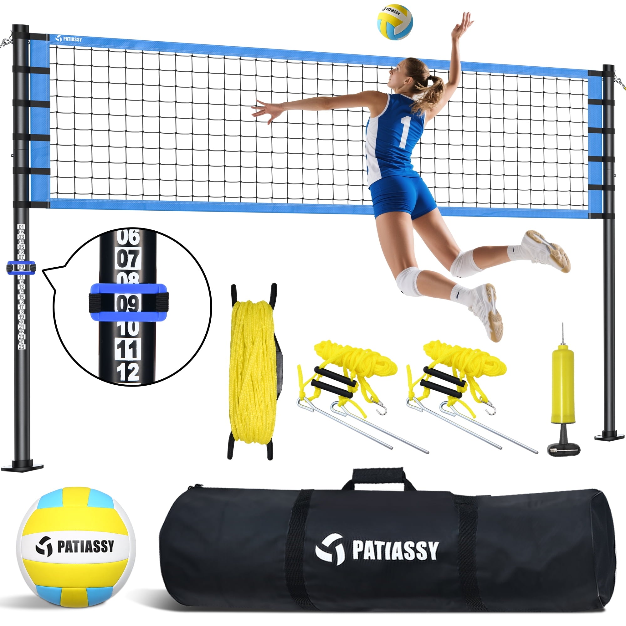 Patiassy 32FT Outdoor Portable Volleyball Net Set System for Backyard - Quick & Easy Setup Adjustable Height Steel Poles, PU Volleyball, Pump and Carrying Bag