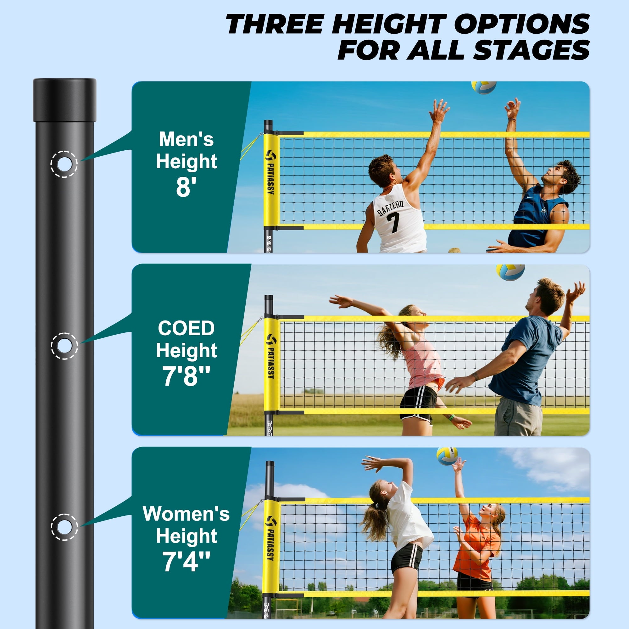 Patiassy Outdoor Portable Volleyball Net Set System for Backyard - Quick & Easy Setup Adjustable Height Steel Poles, PU Volleyball, Pump and Carrying Bag