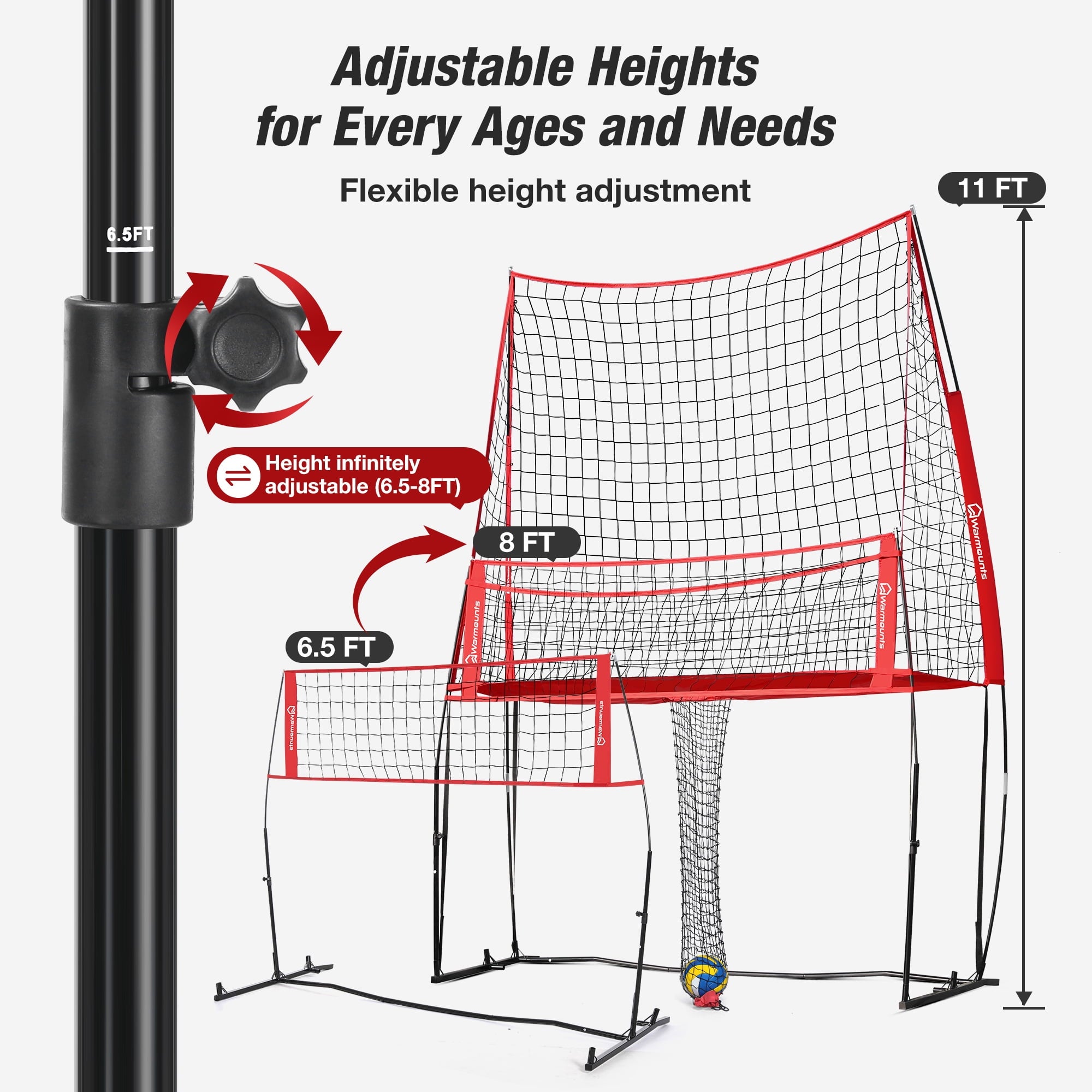 WARMOUNTS 11*8 ft Volleyball Net w/ Ball Return Collection, 2 in 1 Volleyball Training Equipment Adjustable Height, Volleyball Net for Backyard Hitting Serving Passing