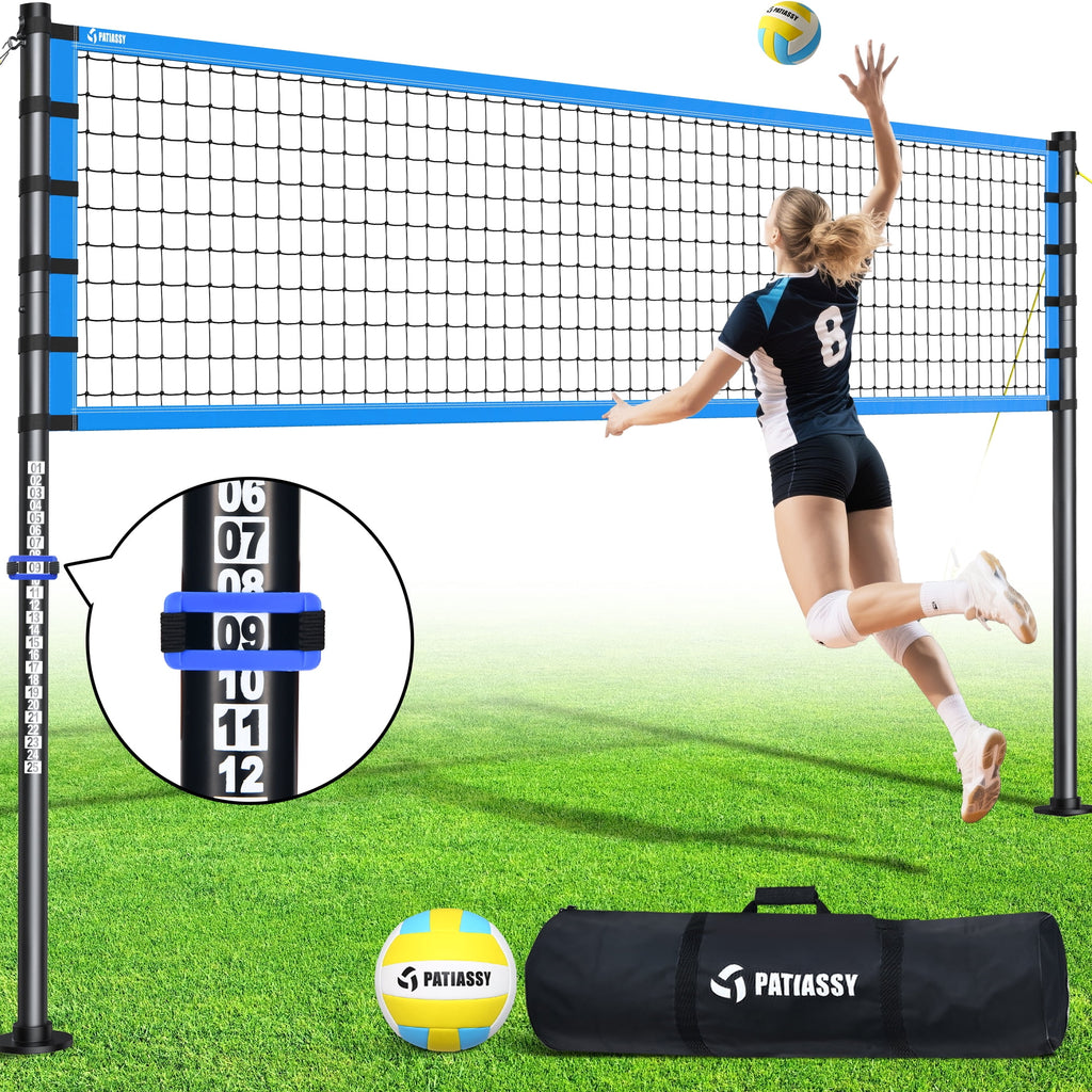Patiassy 32FT Outdoor Portable Volleyball Net Set System for Backyard - Quick & Easy Setup Adjustable Height Steel Poles, PU Volleyball, Pump and Carrying Bag