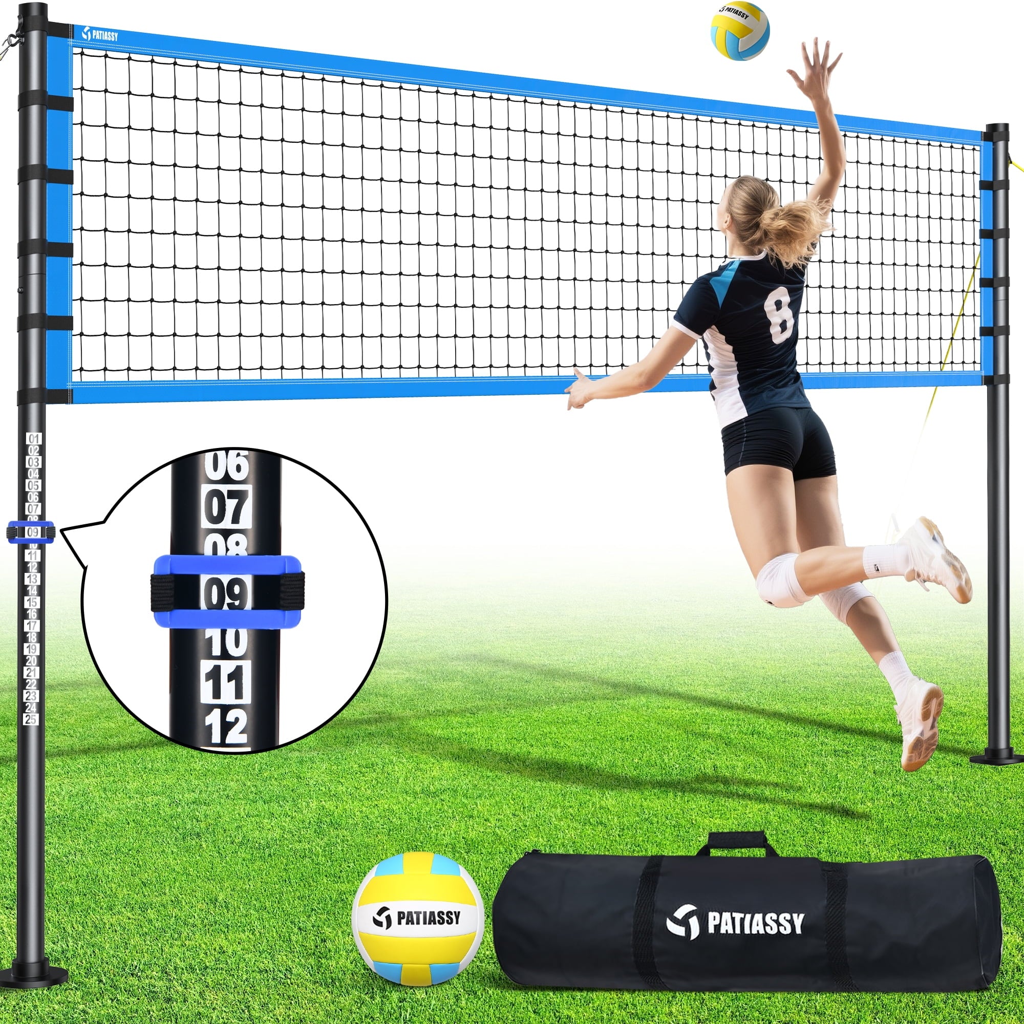 Patiassy 32FT Outdoor Portable Volleyball Net Set System for Backyard - Quick & Easy Setup Adjustable Height Steel Poles, PU Volleyball, Pump and Carrying Bag