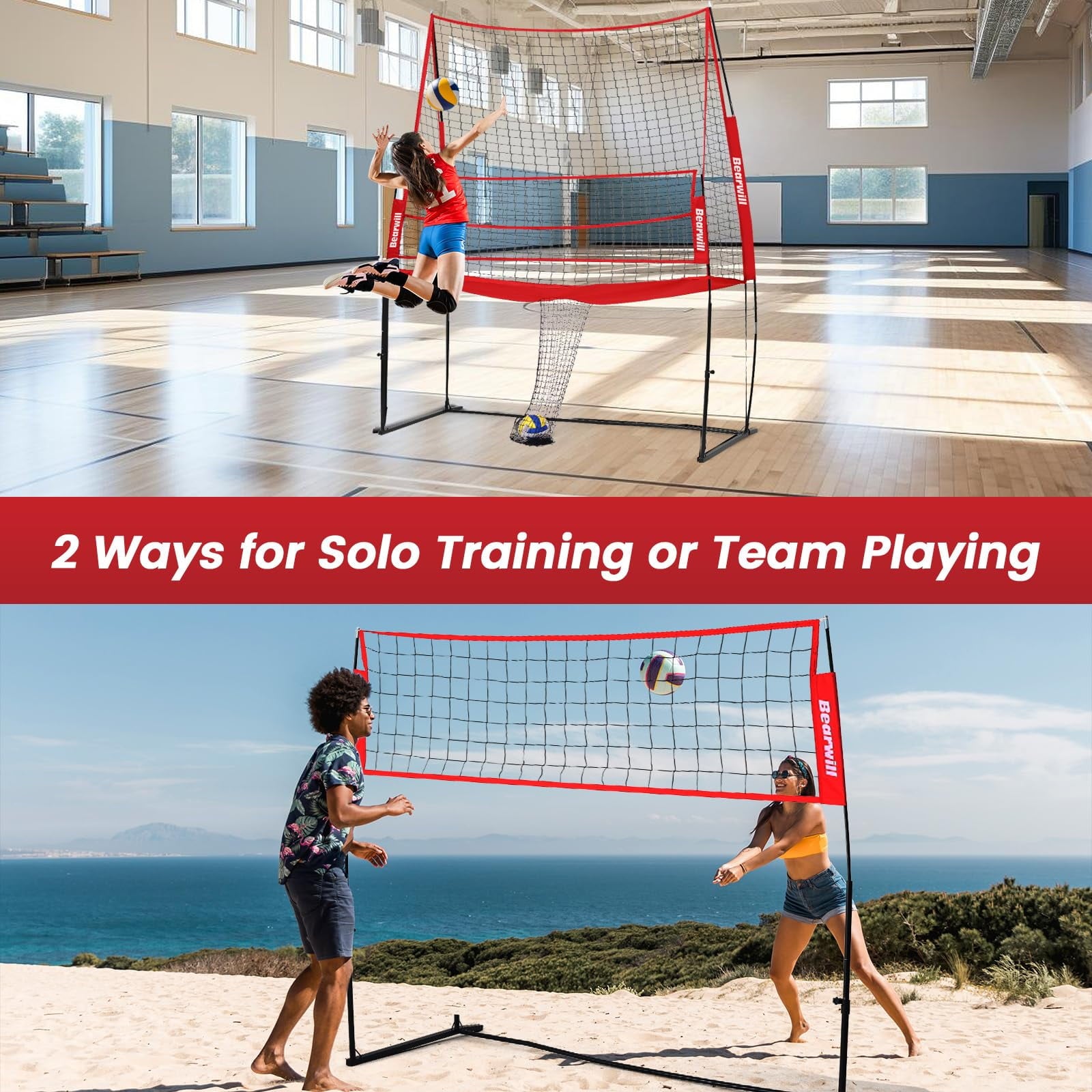 Bearwill Volleyball Training Equipment, Volleyball Practice Net System Update Freely Adjustable, Portable Volleyball Net for Backyard Indoor Outdoor Hitting Serving Passing Practice