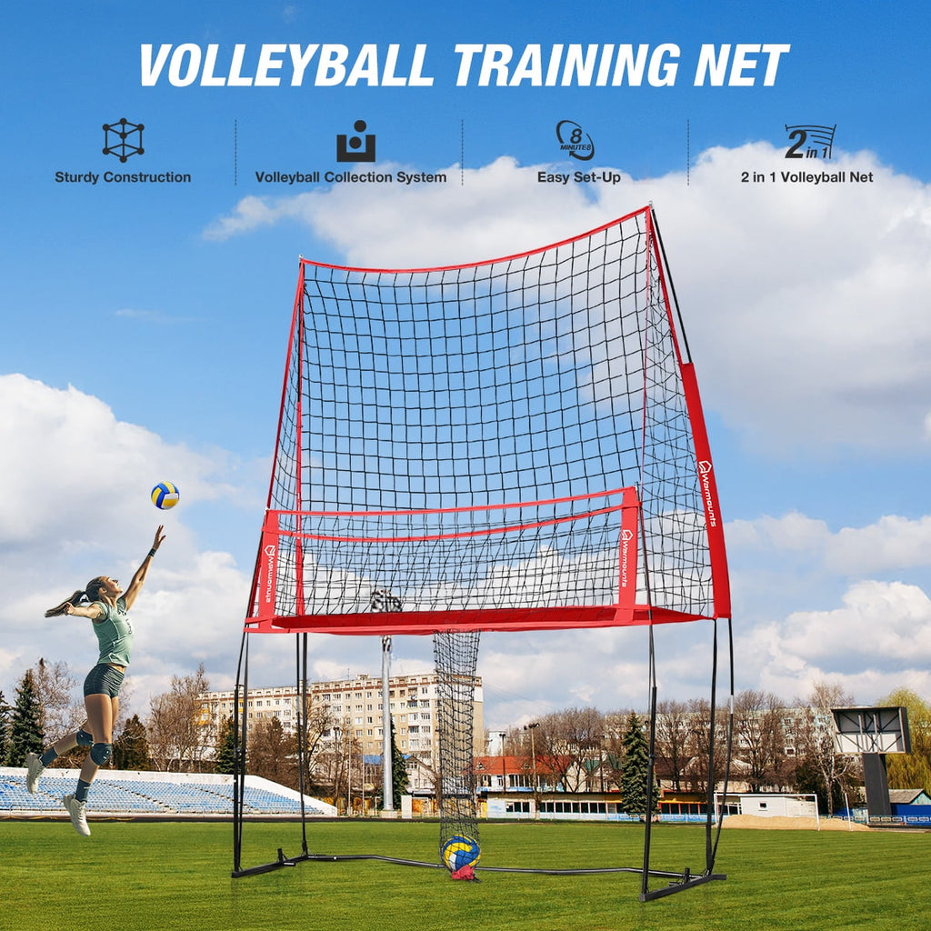WARMOUNTS 11*8 ft Volleyball Net w/ Ball Return Collection, 2 in 1 Volleyball Training Equipment Adjustable Height, Volleyball Net for Backyard Hitting Serving Passing