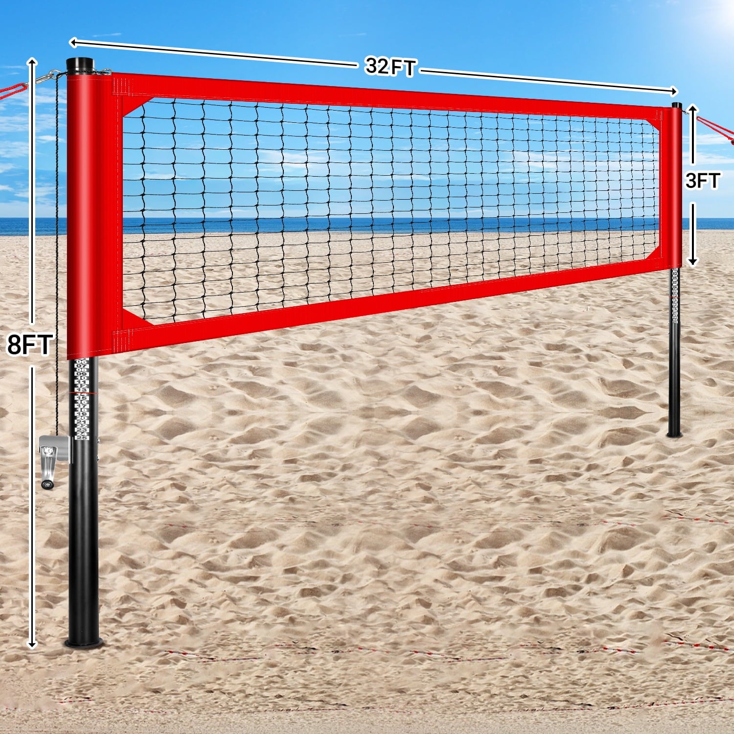 CureCalor Outdoor Professional Volleyball Net Set System, 32* 8 Feets, 3 Height Adjustable, Red