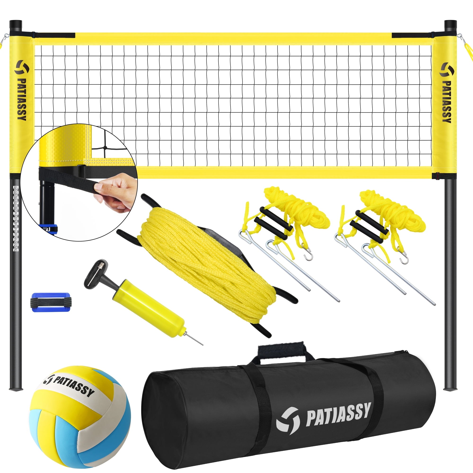 Patiassy Outdoor Portable Volleyball Net Set System for Backyard - Quick & Easy Setup Adjustable Height Steel Poles, PU Volleyball, Pump and Carrying Bag