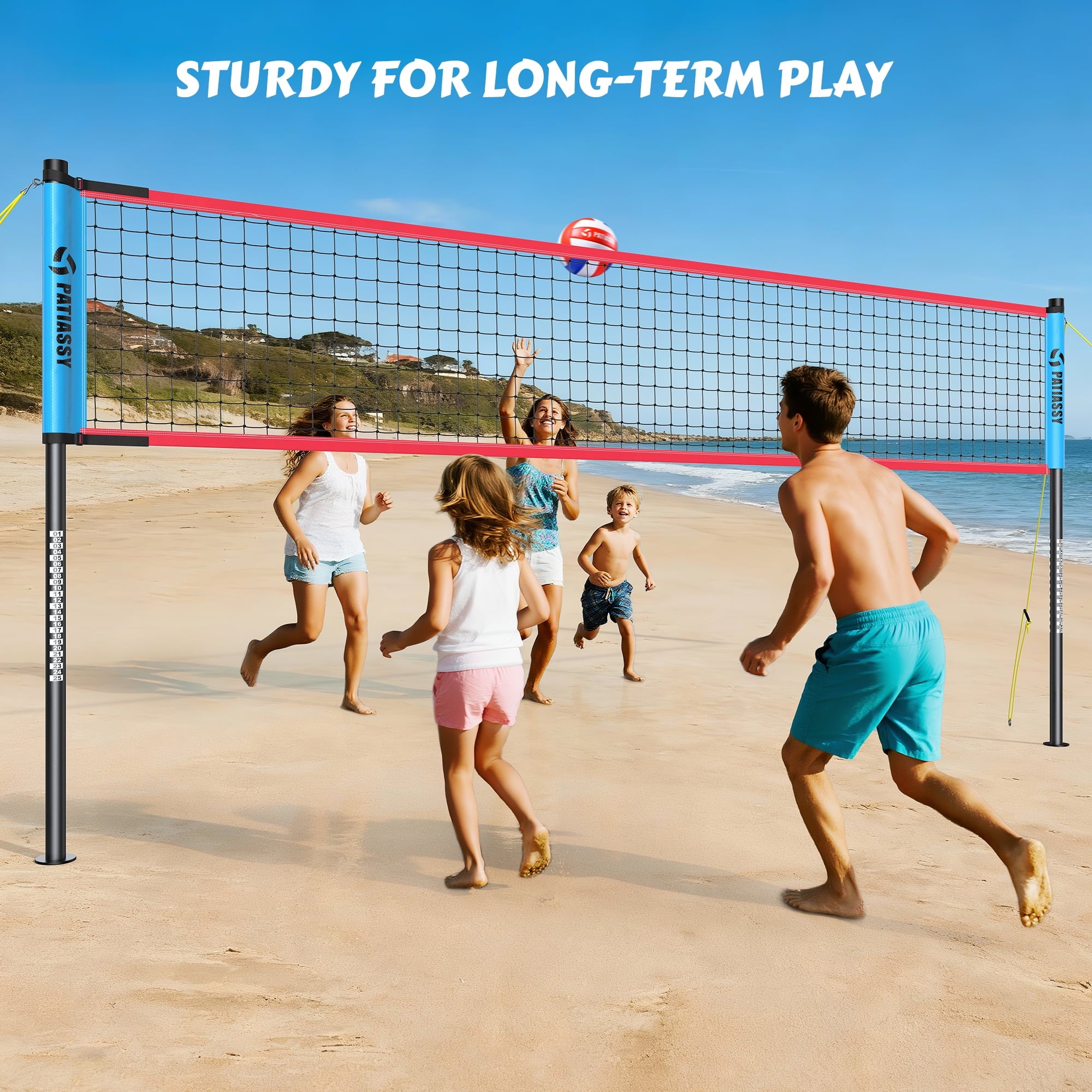 Patiassy Adjustable Height & Width Portable Volleyball Net Set with Rust-Resistant Steel Poles, Scoreboard, Ball & Carry Bag for Backyard, Beach & Outdoor
