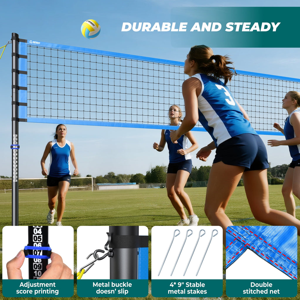 Patiassy 32FT Outdoor Portable Volleyball Net Set System for Backyard - Quick & Easy Setup Adjustable Height Steel Poles, PU Volleyball, Pump and Carrying Bag
