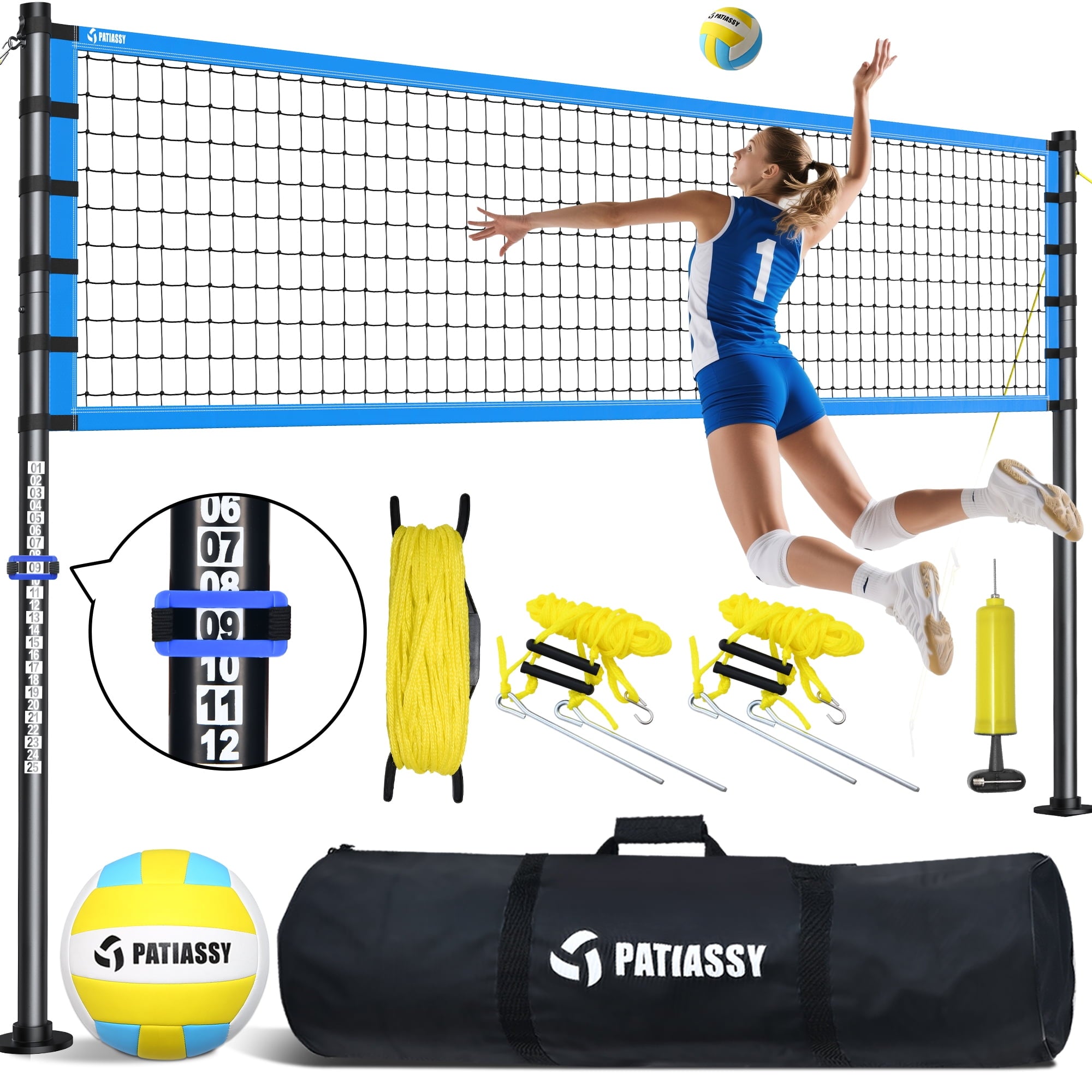 Patiassy 32FT Outdoor Portable Volleyball Net Set System for Backyard - Quick & Easy Setup Adjustable Height Steel Poles, PU Volleyball, Pump and Carrying Bag