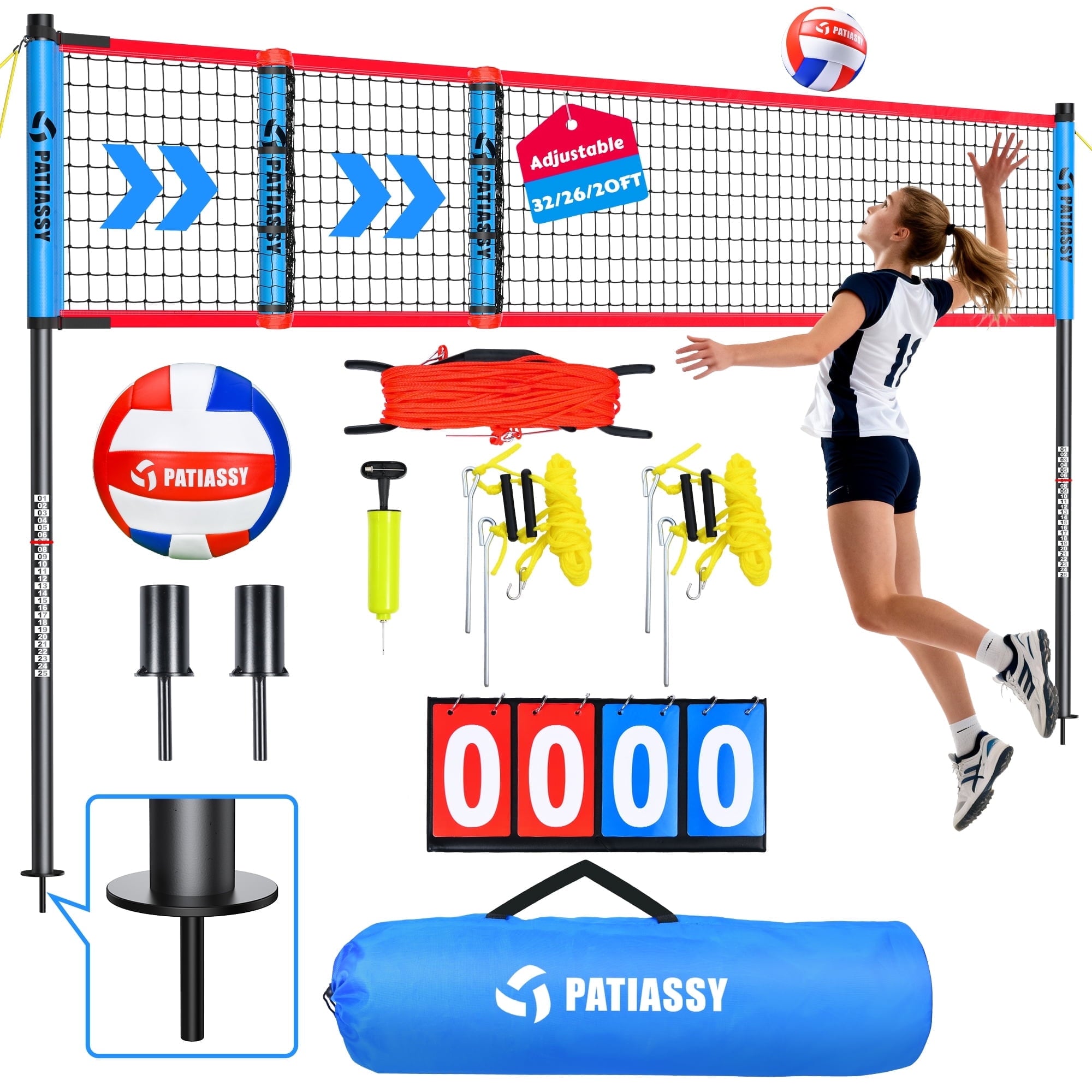 Patiassy Adjustable Height & Width Portable Volleyball Net Set with Rust-Resistant Steel Poles, Scoreboard, Ball & Carry Bag for Backyard, Beach & Outdoor