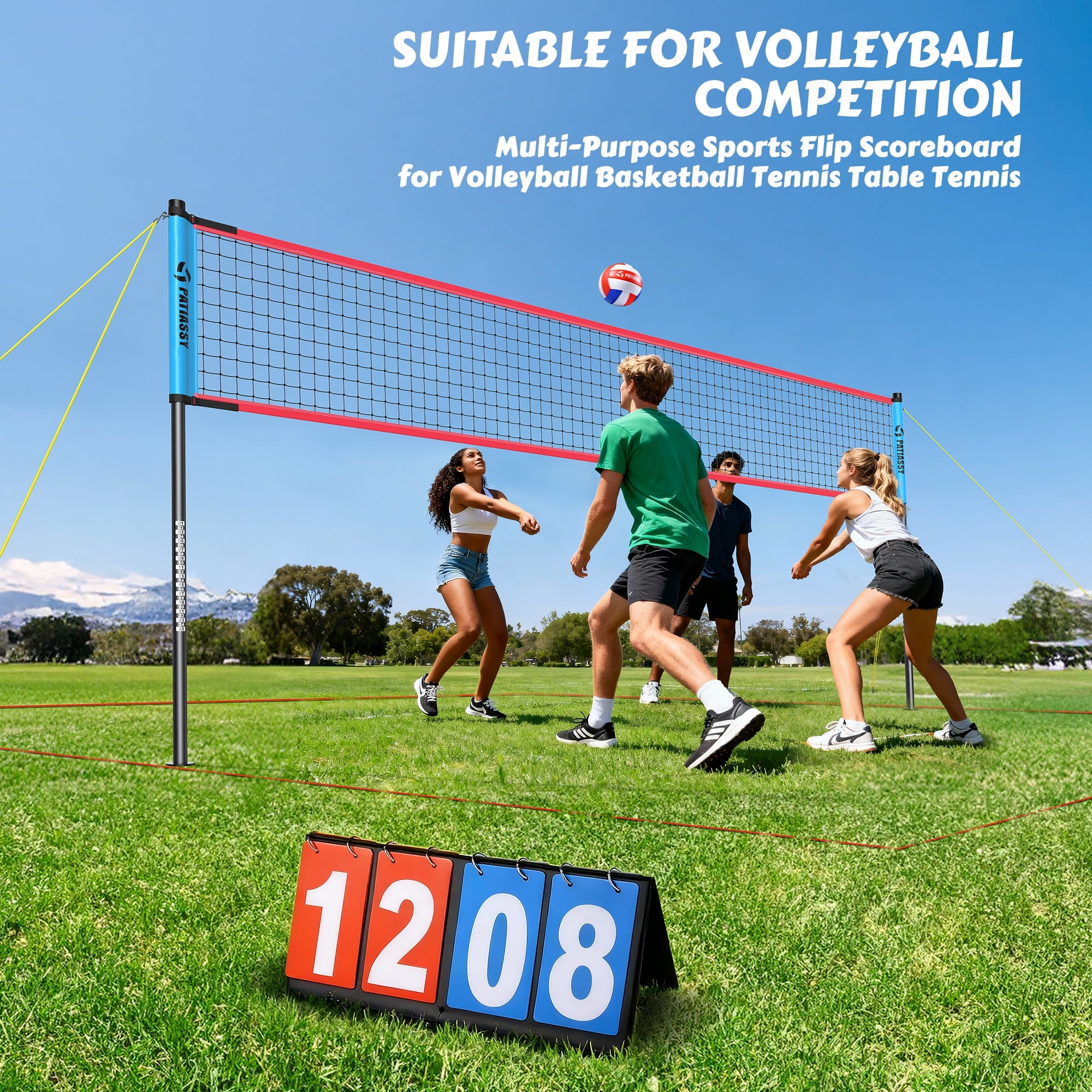 Patiassy Adjustable Height & Width Portable Volleyball Net Set with Rust-Resistant Steel Poles, Scoreboard, Ball & Carry Bag for Backyard, Beach & Outdoor