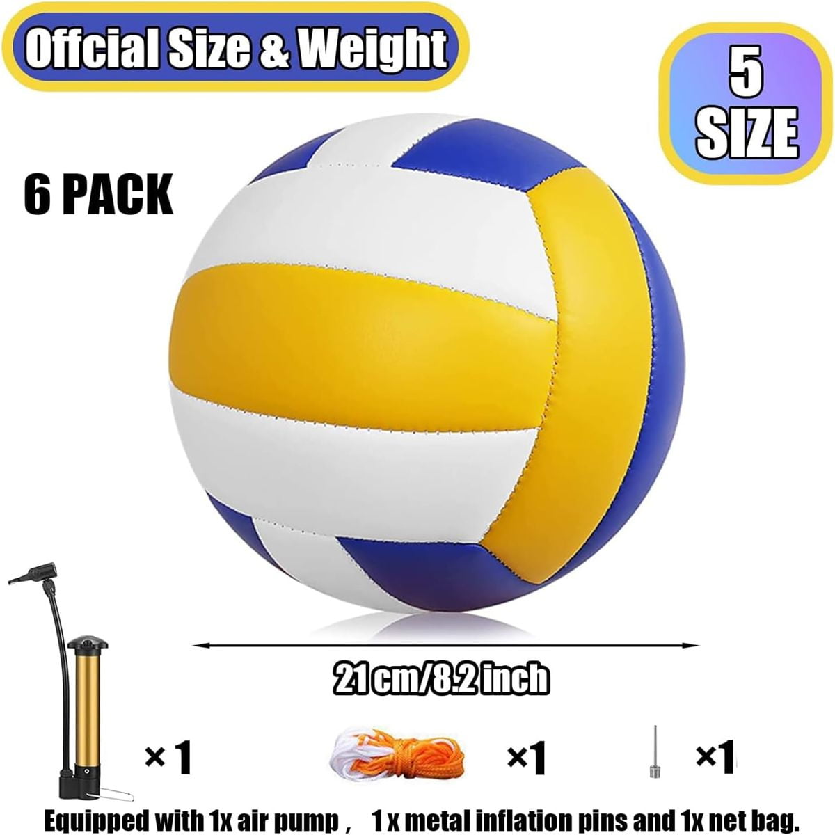 Magicorange 6 Pack Volleyball Ball, Official Size 5 Soft Touch Volleyballs with Ball Pump for Beach Play, Game, Gym, Training