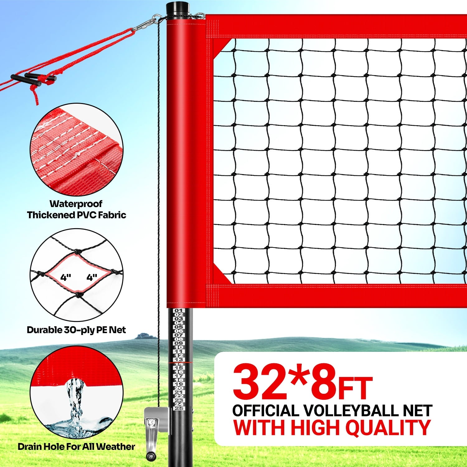 CureCalor Outdoor Professional Volleyball Net Set System, 32* 8 Feets, 3 Height Adjustable, Red