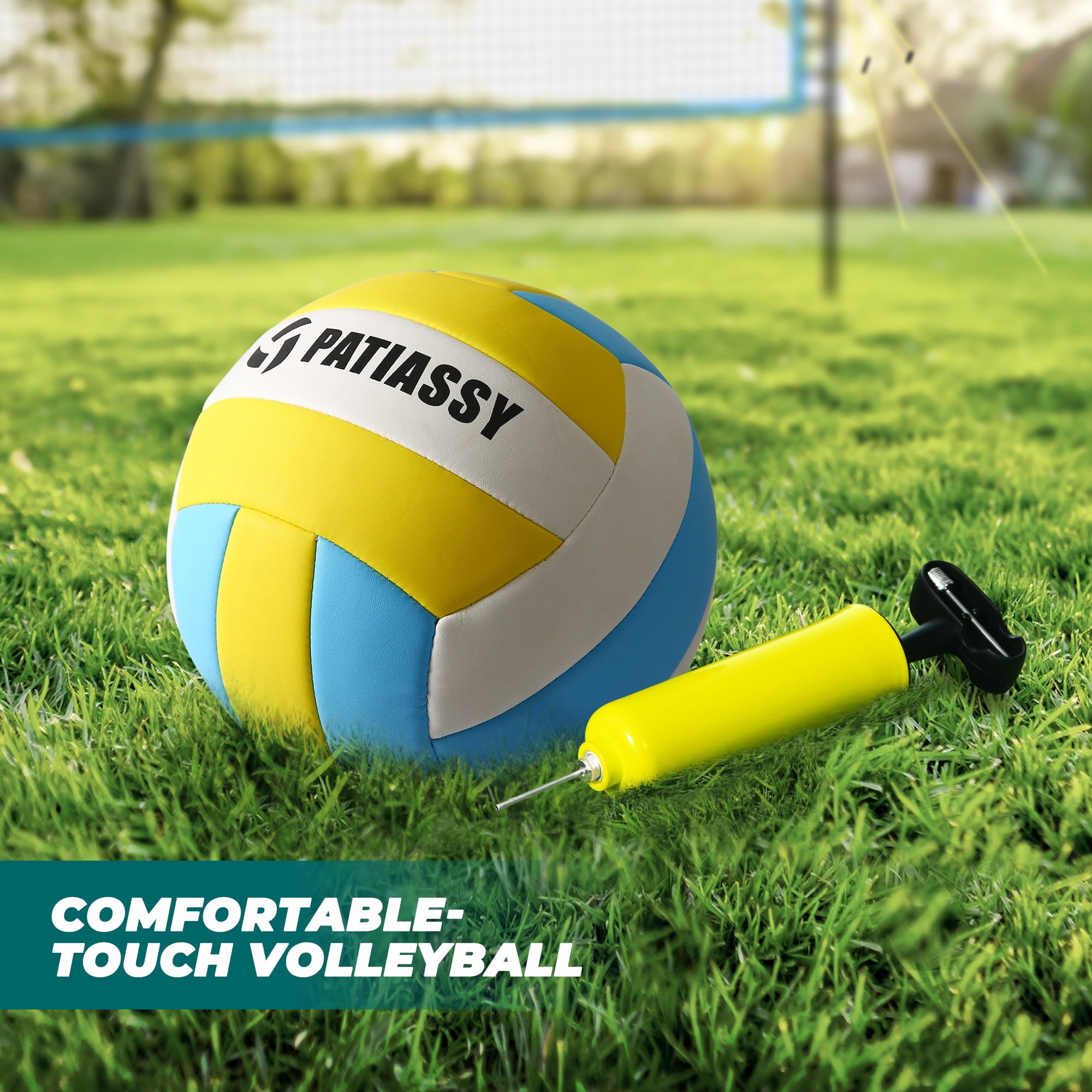 Patiassy 32FT Outdoor Portable Volleyball Net Set System for Backyard - Quick & Easy Setup Adjustable Height Steel Poles, PU Volleyball, Pump and Carrying Bag