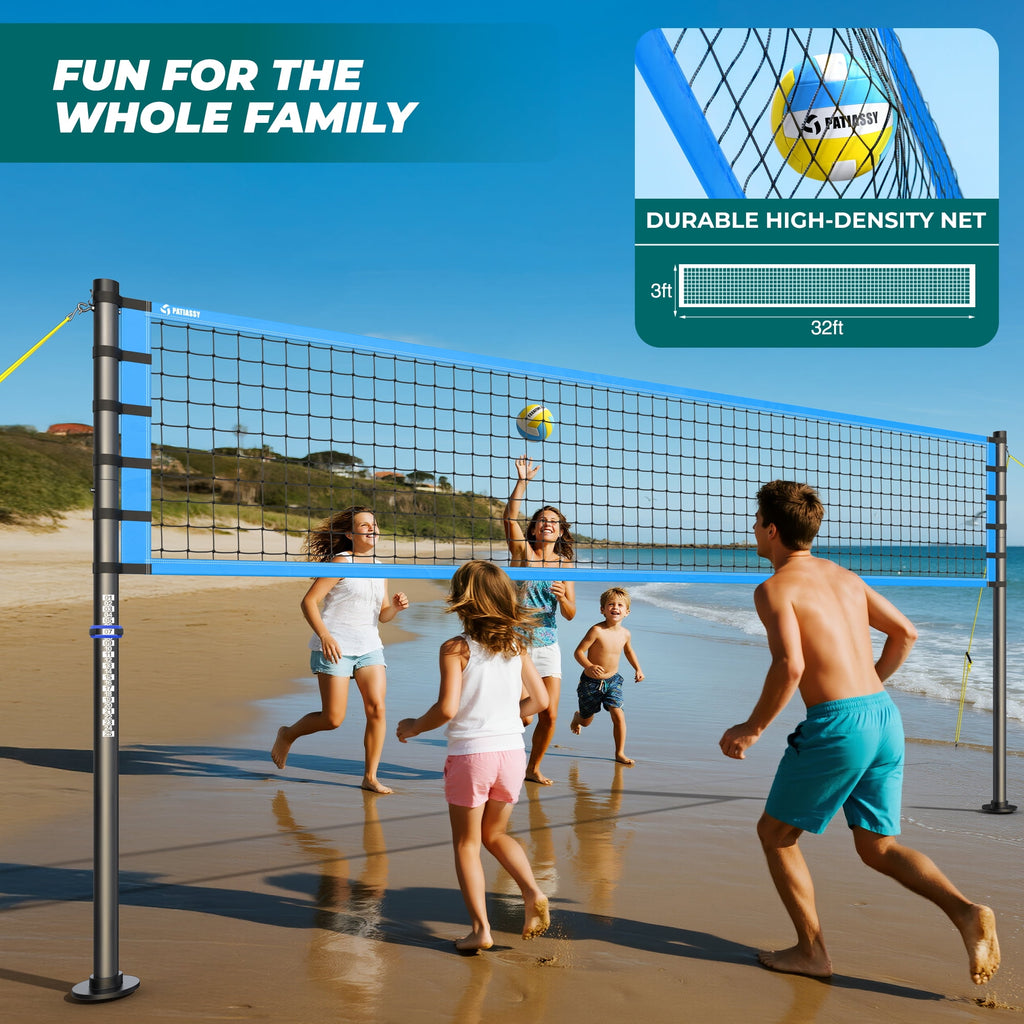 Patiassy 32FT Outdoor Portable Volleyball Net Set System for Backyard - Quick & Easy Setup Adjustable Height Steel Poles, PU Volleyball, Pump and Carrying Bag